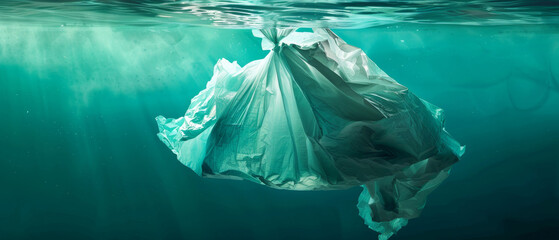 An ethereal view of a plastic bag suspended underwater, softly illuminated by beams of light filtering through the surface.
