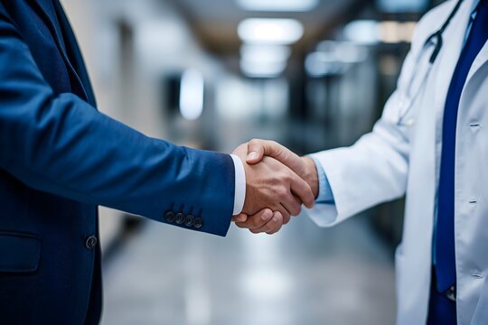 In a medical building, a pharmaceutical rep presents new medication to a doctor, finishing with a handshake