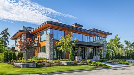A stunning exterior view of a brand new North American home, featuring modern architecture, lush landscaping
