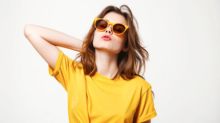 Fototapeta premium A woman in a yellow shirt is posing for a picture with sunglasses on