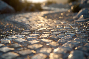 A close-up view of a grey stone tile pathway 