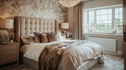 Fototapeta premium A stunning scene of the interior rooms of a luxury show home, featuring elegant bedroom decor, plush bedding