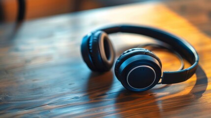Naklejka premium Close-up of wireless headphones with soft ear cushions on a wooden desk.