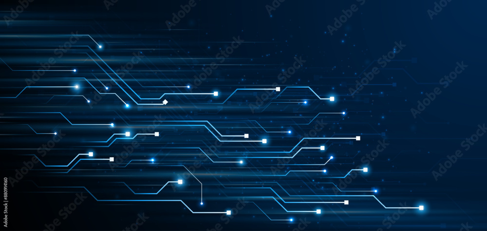 Poster Blue glowing lines with glitter light effect on dark background. High speed internet technology concept or fast wireless data transmission. modern internet network connection technology background