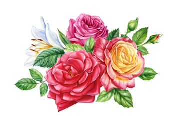 Bouquet. Summer garden flowers, green leaves on an isolated, lilies and roses painted in watercolor Wedding invites