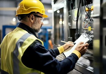 Engineer controlling a machine in a contemporary industrial facility, equipped with robotics, robotic arms, and automation, supervising the storage of products and materials in the warehouse