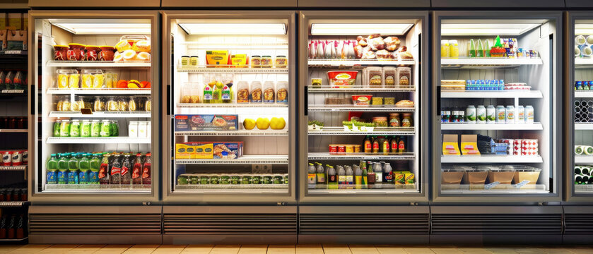 A brightly lit supermarket display of chilled food items in glass refrigerated cases, showcasing a neat and well-stocked selection for shoppers.