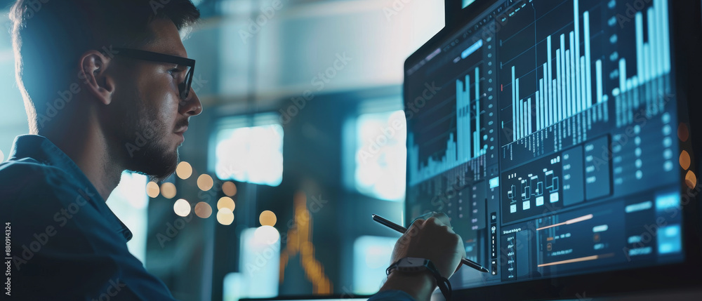 Wall mural a professional, focused on a computer screen, analyses complex digital charts and data in a modern w
