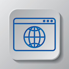 Browser, globe simple icon vector. Flat design. Paper cut design. Cutted blue symbol with shadow. Gray badge button, gray background