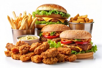 Assortment of many delicious fast food, set. isolated on white background. Fastfood menu