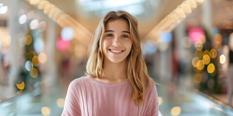 Obraz premium Teen girl holding credit card in mall showcasing convenient banking for teens. Concept Teen Shopping, Financial Literacy, Teen Banking, Credit Card Usage, Shopping Convenience
