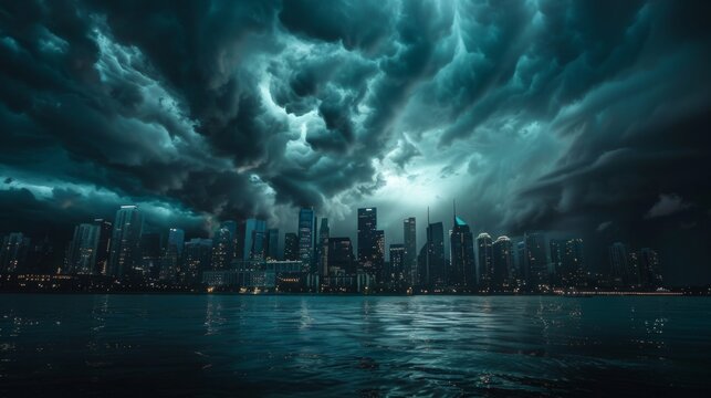 Dark storm clouds gathering ominously over a city skyline.