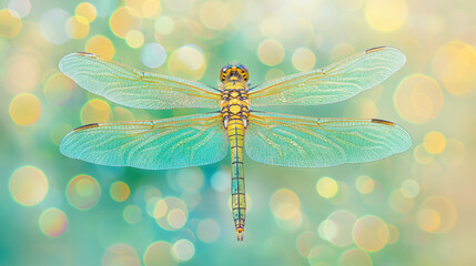 iridescent dragonfly perched delicately on a twig against a soft bokeh background