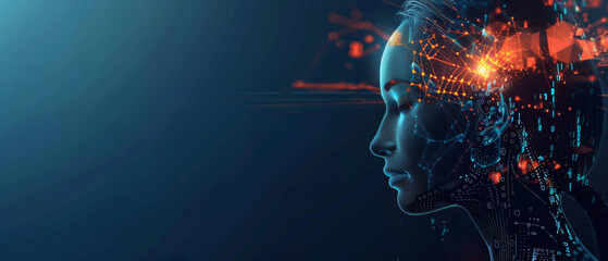 Close-up of a futuristic woman's profile with digital patterns and lights, symbolizing AI and human connection in a tech-advanced universe.