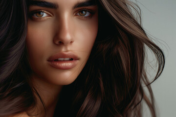  A stunning young woman with luscious wavy hair and a natural makeup look
