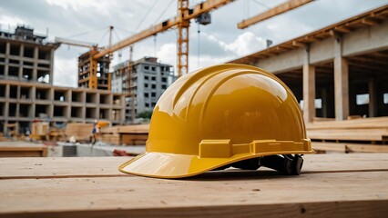 Yellow hard hat on wooden plank with construction site in background.