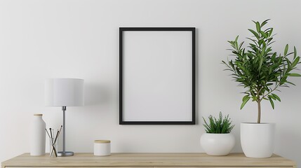 A close-up shot of an empty black frame on a table in a modern home office, with plants and a lamp. The picture is taken from the right side. There is no text or logo visible inside the photo frame.