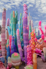 colorful fantasy cactus garden with vibrant and textured succulents in a surreal desert setting