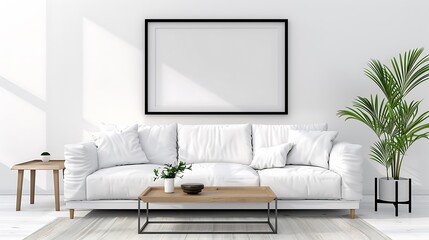 Bright and airy Scandi-boho living room with a clean white linen sofa, light wooden coffee table, and a minimalist black frame mockup hanging above. Sunbeams stream through a large window casting