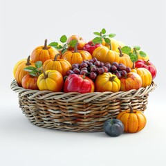 A wicker basket filled with small pumpkins, gourds, grapes, and colorful autumn produce, arranged on a white background.