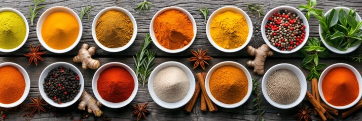 Assortment of Aromatic Spices and Herbs Spread on Rustic Wooden Table