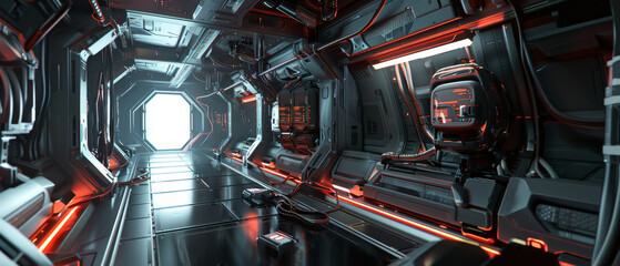 Sci-fi spaceship corridor illuminated by red and white lights, with high-tech panels and a futuristic design, suggesting a high-stakes mission.