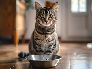 Adorable hungry domestic tabby cat sitting by empty food dish with curious eyes and alert ears, waiting for meal in quiet home interior setting.