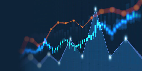 Abstract financial graph with uptrend line and bar chart of stock market on blue color background