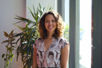 A woman with curly hair stands by a window, warmly smiling, surrounded by lush indoor plants, bathed in natural light.