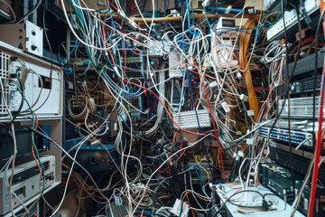 A chaotic tangle of wires obscures the view of numerous electronic devices in a cluttered room, capturing the essence of tech complexity.