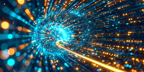 An abstract image portraying a vibrant data stream with blue and orange particles in motion and glowing hues
