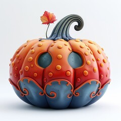 Colorful, whimsical pumpkin with intricate patterns, perfect for autumn and Halloween decorations, features a cute leaf on the stem.