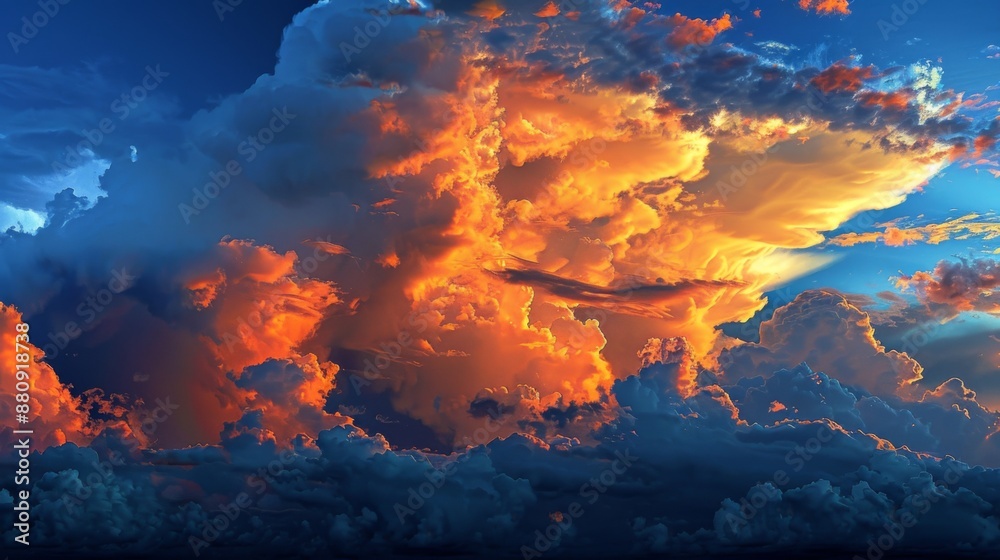 Poster majestic cumulus clouds in a deep blue sky, illuminated by the setting sun.