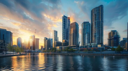 Obraz premium Modern apartment buildings and offices towering over a riverbank in a vibrant city.
