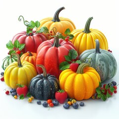 Colorful pumpkins and assorted fruits arranged on a white background, showcasing a vibrant display of autumn harvest.