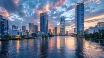 Fototapeta premium Modern architecture of high-rise buildings along a river under a dramatic sky.