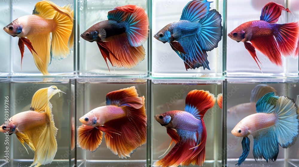 Poster Multiple betta fish displaying their colorful fins and tails in separate small tanks.