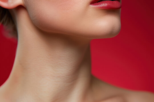 closeup of a woman's smooth neck and collarbone with a red background