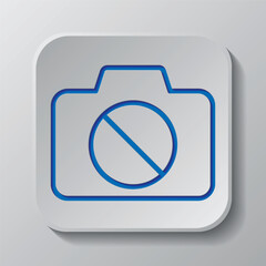 Camera, no photo simple icon vector. Flat design. Paper cut design. Cutted blue symbol with shadow. Gray badge button, gray background