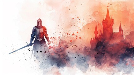 Protection, knight in shining armor guarding a castle, medieval strength, Watercolor style