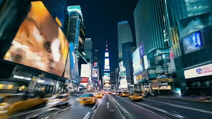 Modern city in the evening with skyscrapers. Nightlife of the big town. A car drives along the road at night time laps. Urban background. Beautiful cityscape. Bright buildings illumination.