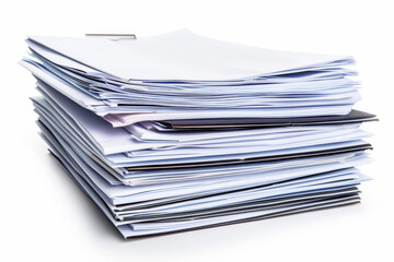 A neatly stacked pile of documents, binders, and papers, highlighting an organized workspace or significant amount of paperwork.