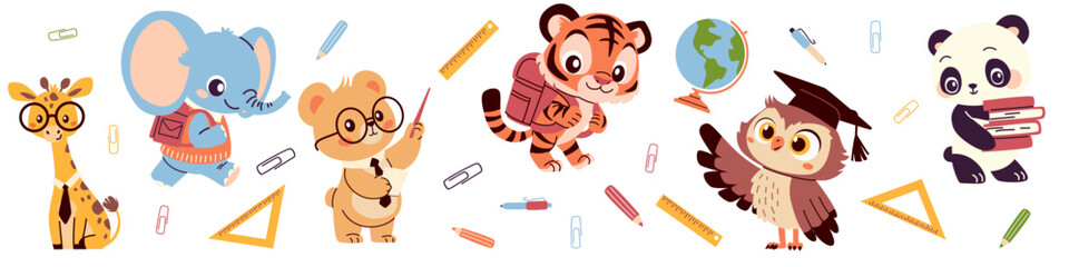 Set of flat vector illustrations in children's style on white background on the theme of learning and school. Bear giraffe tiger cub elephant owl and panda with textbooks and school bags globe ruler