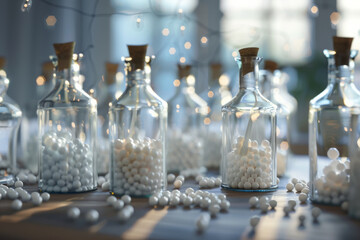 A collection of glass bottles filled with white spheres, decorated with delicate fairy lights, in a soft, ambient setting.