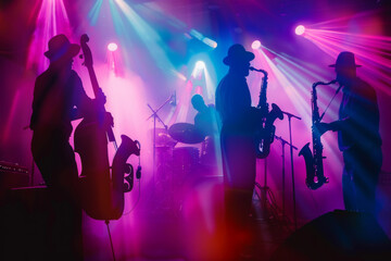 Musicians perform under vibrant, colorful stage lights, evoking the energy and passion of a live jazz performance.