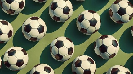 Repetitive pattern of soccer balls on a green background, creating a visually engaging and sporty design.