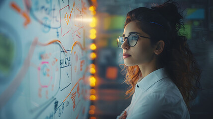 Focused young woman analyzing complex data and diagrams on a whiteboard in a modern office setting, illustrating innovation and problem-solving.