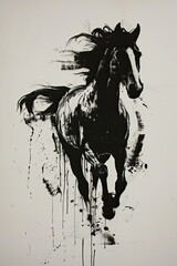 A black and white sketch of a horse galloping