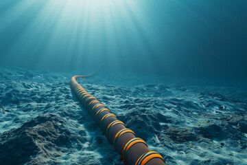 A photograph of an undersea cable lying along the ocean floor, with sunlight streaming down from the surface, illuminating the deep blue water.