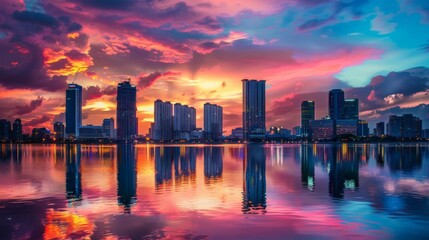 Fototapeta premium Scenic view of a city skyline at sunset, with colorful sky and reflections on water